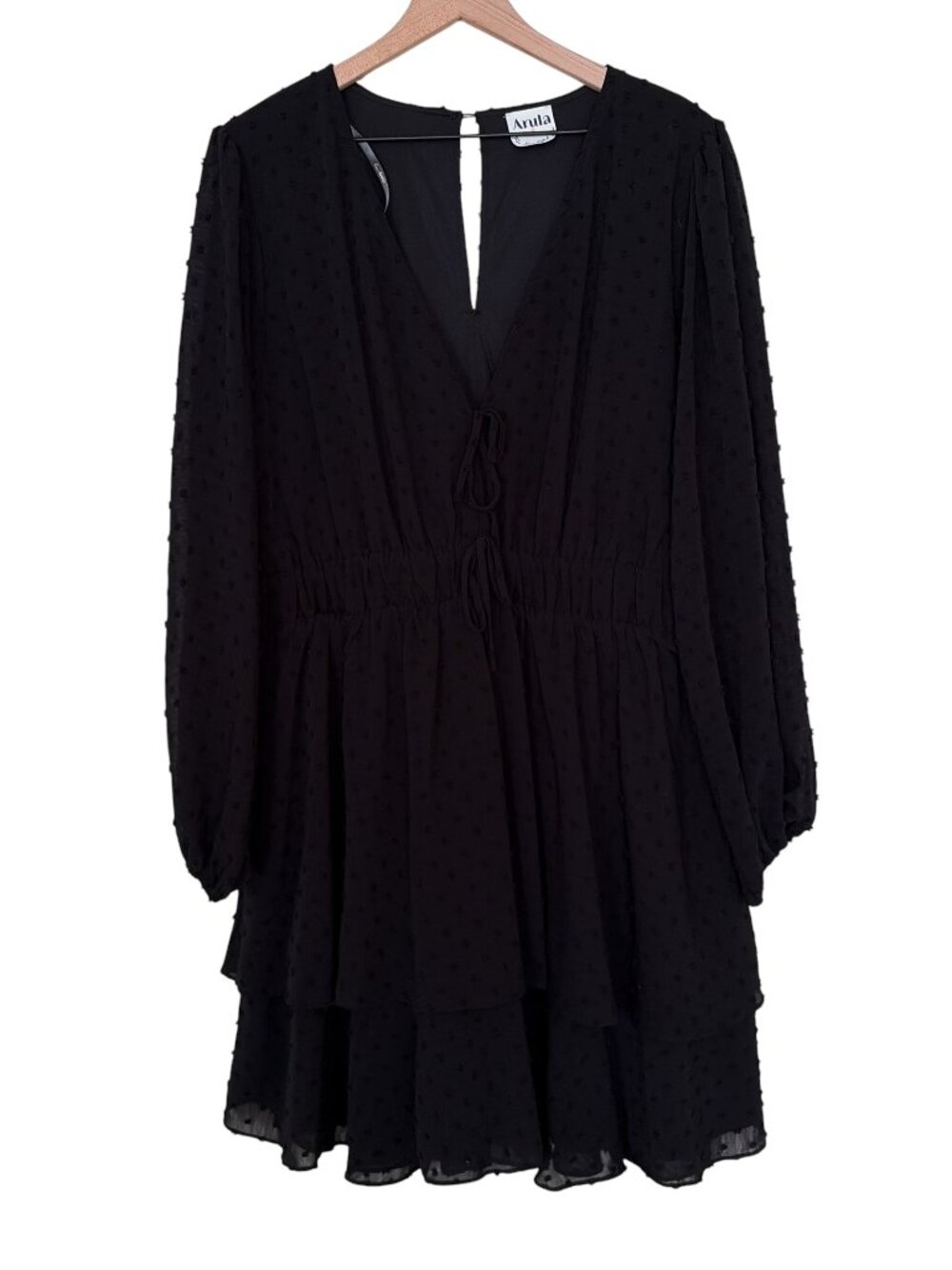 Arula Black Swiss Dot V-Neck Long Sleeve Tiered Mini Dress